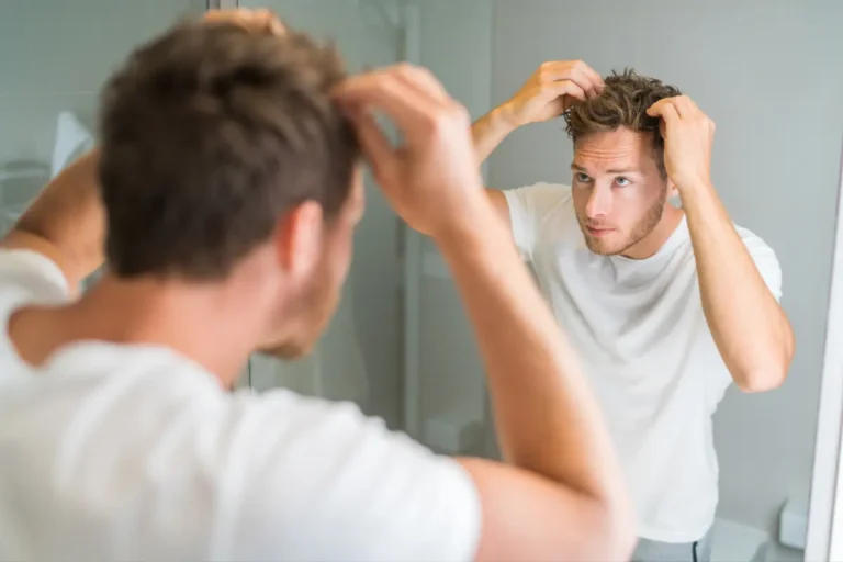 man looking closely at his hair in the bathroom mirror with a concerned expression