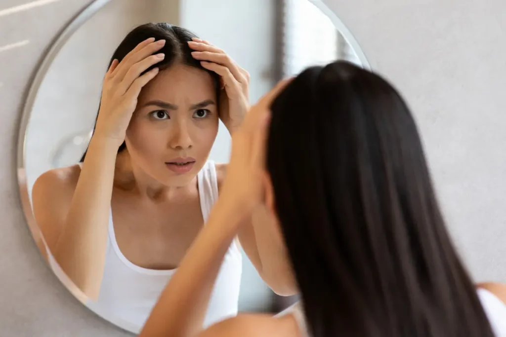 woman inspecting her hairline in the mirror with a concerned expression